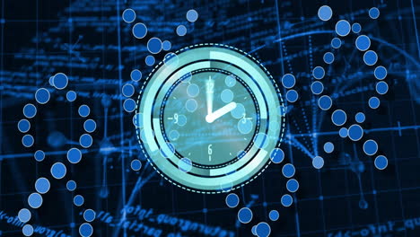 clock face animation over digital data and graphs on blue background