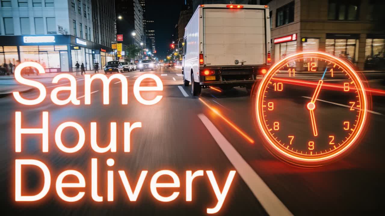 Vertikales Video: Verfolgte LKW-Fahrt bei Nacht, im Kontext einer Uhr für Same-Hour-Lieferung, mit Textfreiraum.