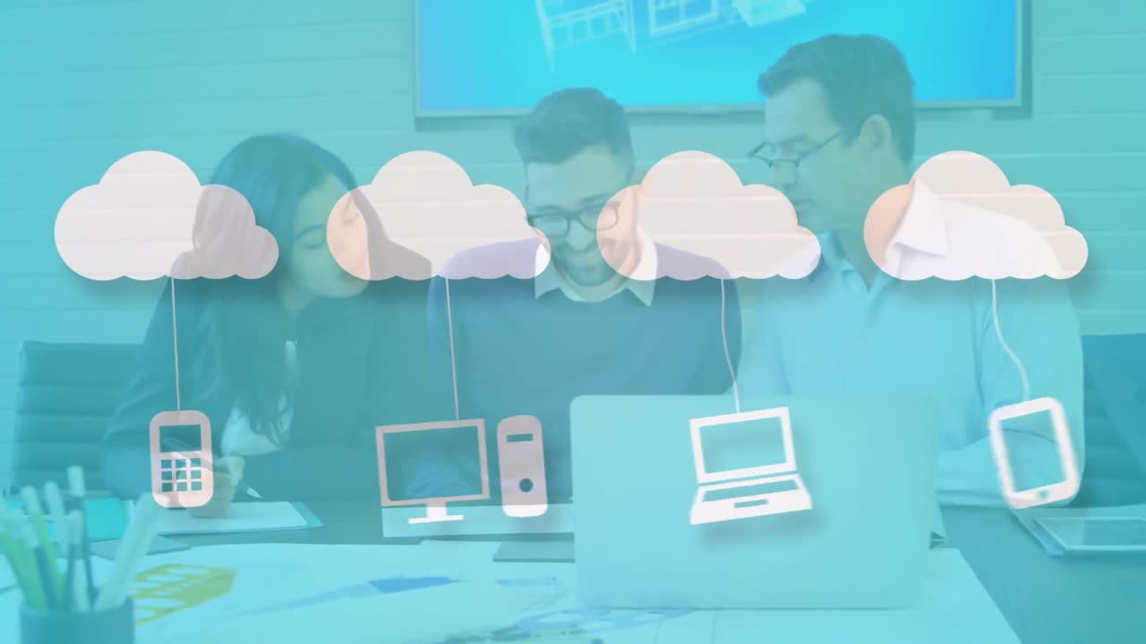 비즈니스 사람들 위에 클라우드 및 디지털 아이콘의 애니메이션