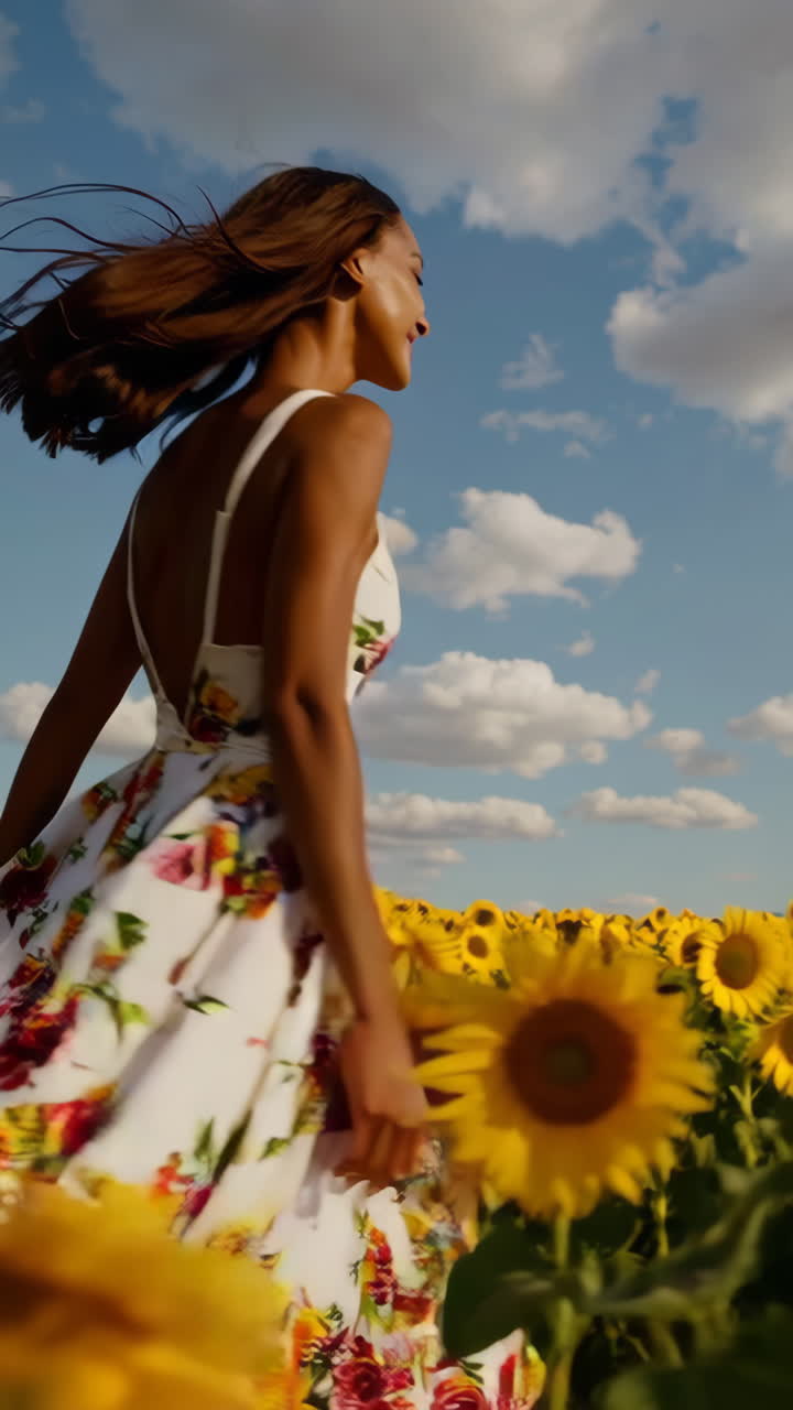 Woman in a Floral Dress Amongst Sunflowers