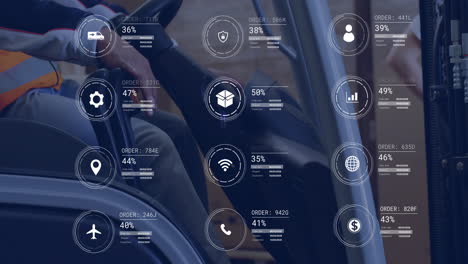 Animación-De-Iconos-Y-Procesamiento-De-Datos-Sobre-Un-Hombre-Caucásico-En-Una-Carretilla-Elevadora-Trabajando-En-Un-Almacén