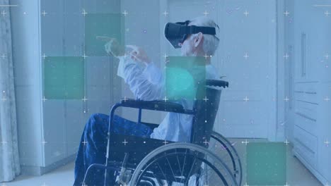 light trails over grid network against senior man wearing vr headset while sitting on wheel chair