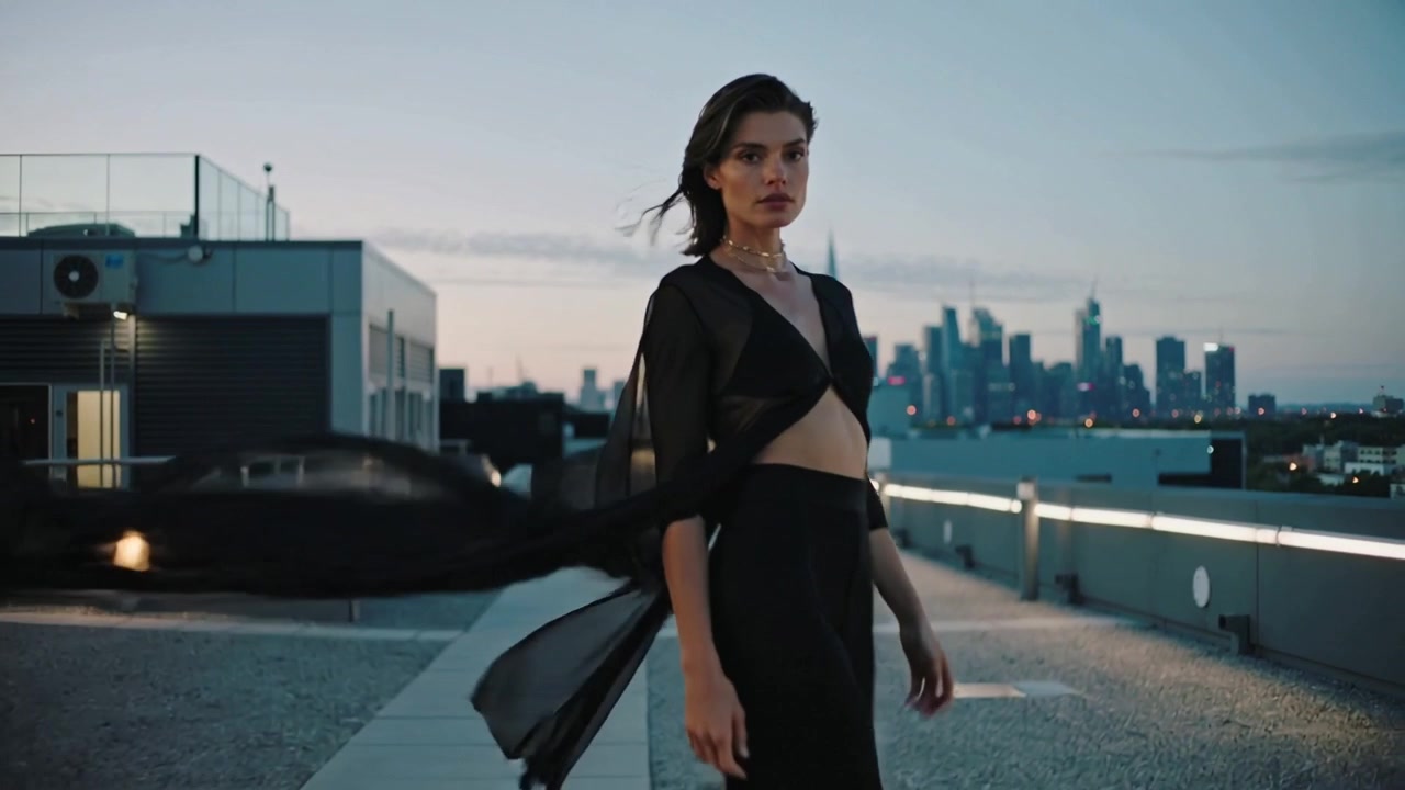 Walking model in black approaching camera, turning, facing lens rooftop path dusk, scarf snapping