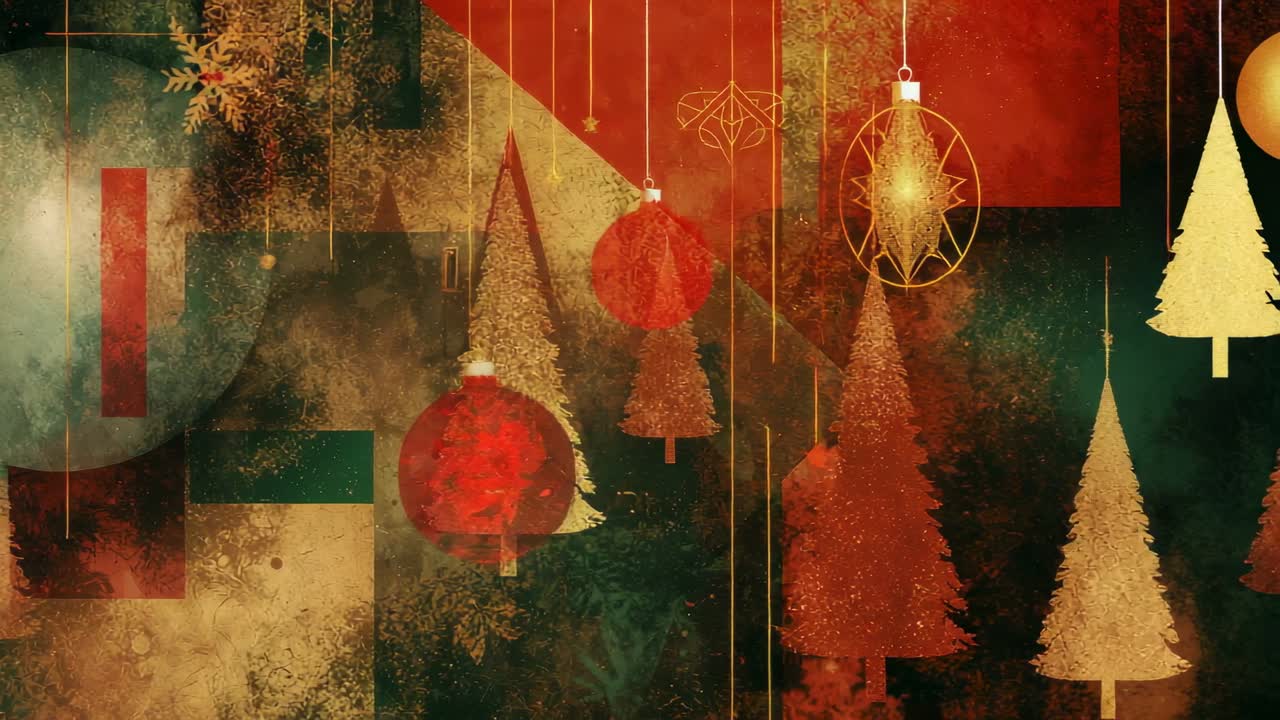 Animating festive collage upon panel arrival, shifting trees and fading baubles on digital backdrop