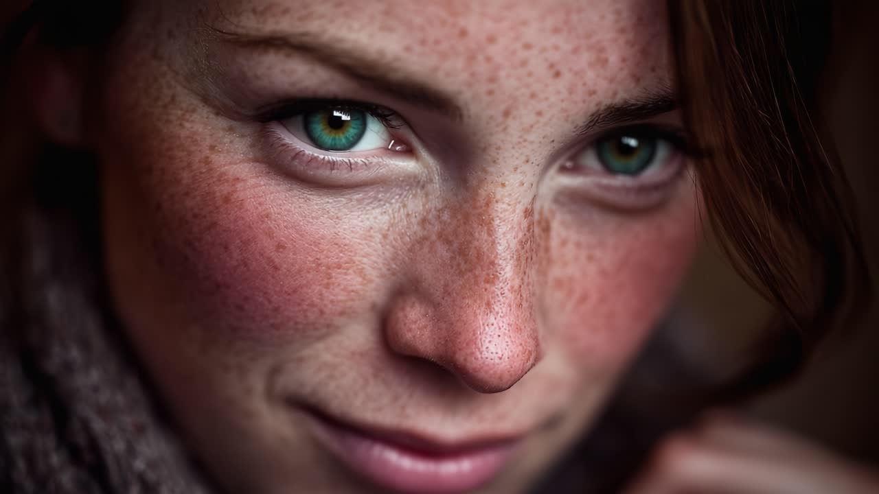 A Captivating Evolution: From Subtle Serenity to Intriguing Intensity in a Portrait of a Freckled Woman with Expressive Eyes