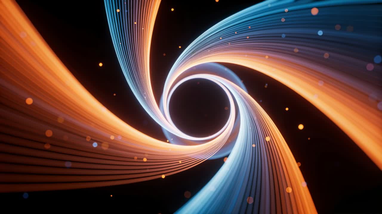 Starting rotating orange-blue helix ribbons clockwise around black void in dark space glow drifting