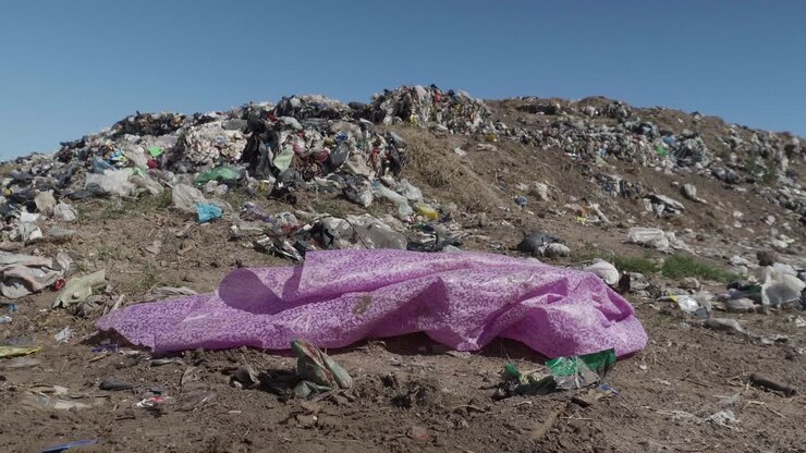 Ampia veduta di una discarica con una tovaglia lilla gettata in primo piano
