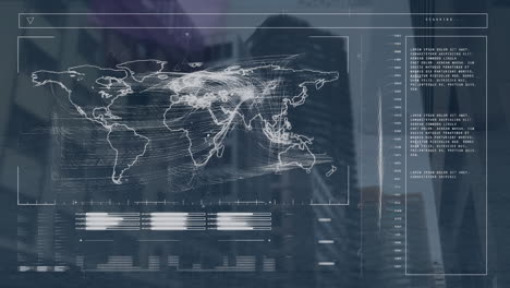animation of financial data processing over cityscape