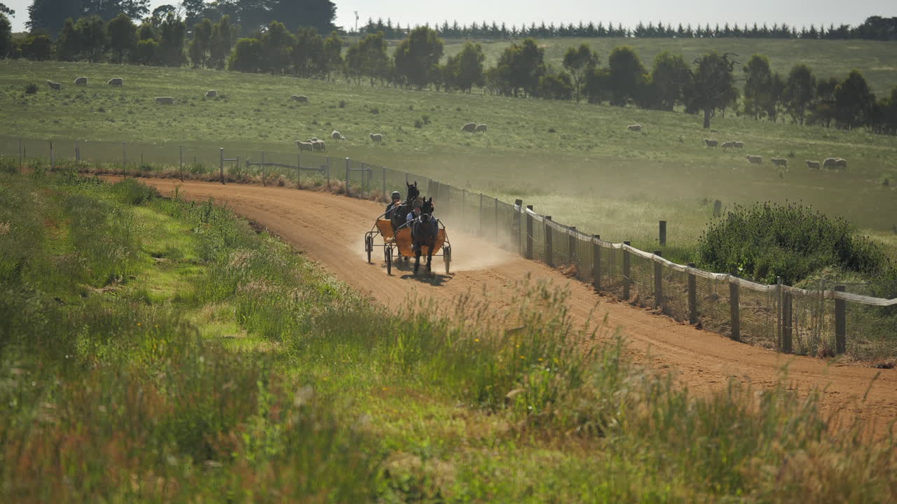 Distant shot of horses running around track