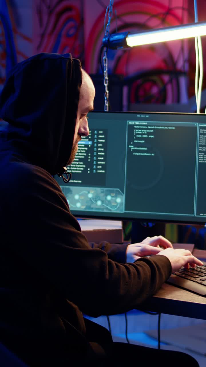 Vertical video Hacker in dark underground warehouse having cyber attacks rejected