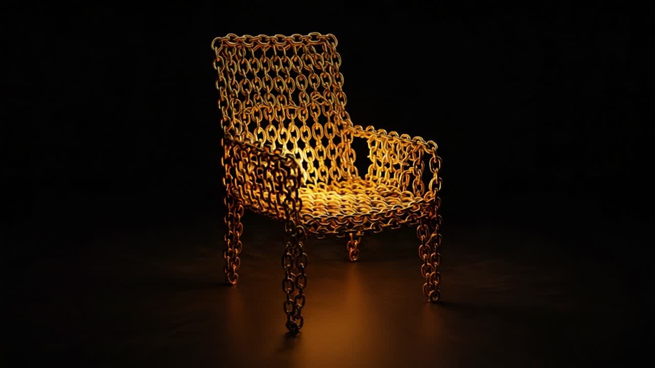 A Stunning Representation of Artistic Design: A Unique Chair Made of Interconnected Chains, Exuding Elegance and Depth Against a Dark Background