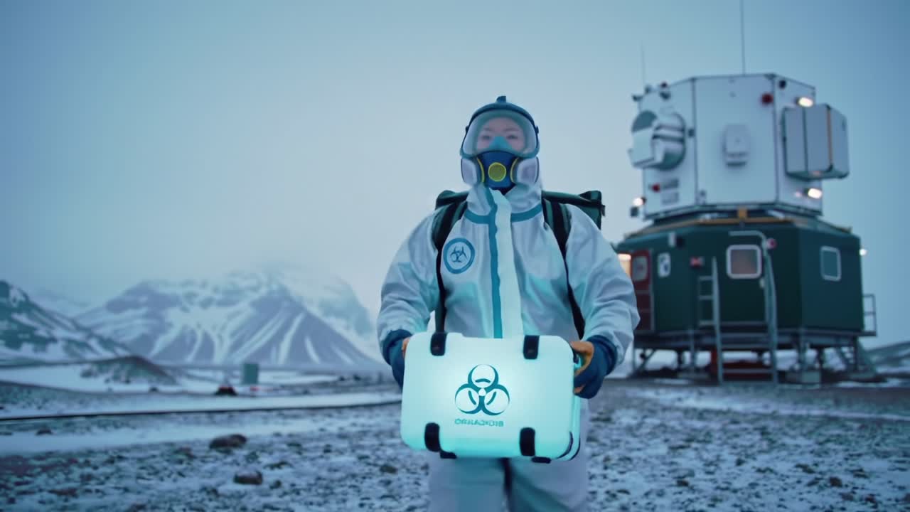 An astronaut in a protective suit stands in a desolate, icy landscape, holding a glowing container near a futuristic habitat dome in an extraterrestrial-themed environment