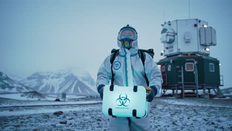 an astronaut in a protective suit stands in a desolate, icy landscape, holding a glowing container near a futuristic habitat dome in an extraterrestrial-themed environment