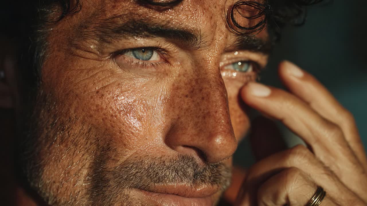 A Captivating Close-Up of a Man's Expression Highlighting Intricate Facial Features, Warm Tones, and Intensity in Natural Light, Showcasing Depth and Emotion