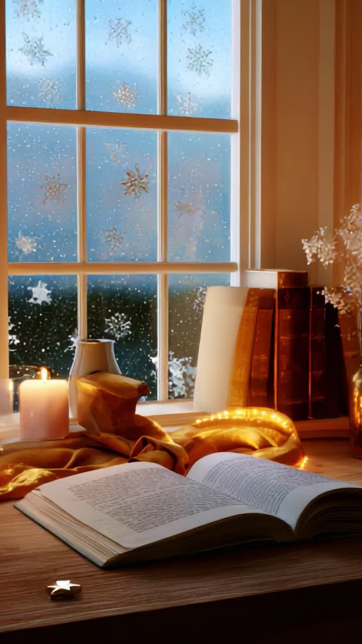 A Cozy Winter Evening Setup Featuring Snowflakes on the Window Pane, an Open Book on a Wooden Table, Glowing Candles, and Decorative Elements, Perfect for Celebrating the Warmth of Reading Indoors