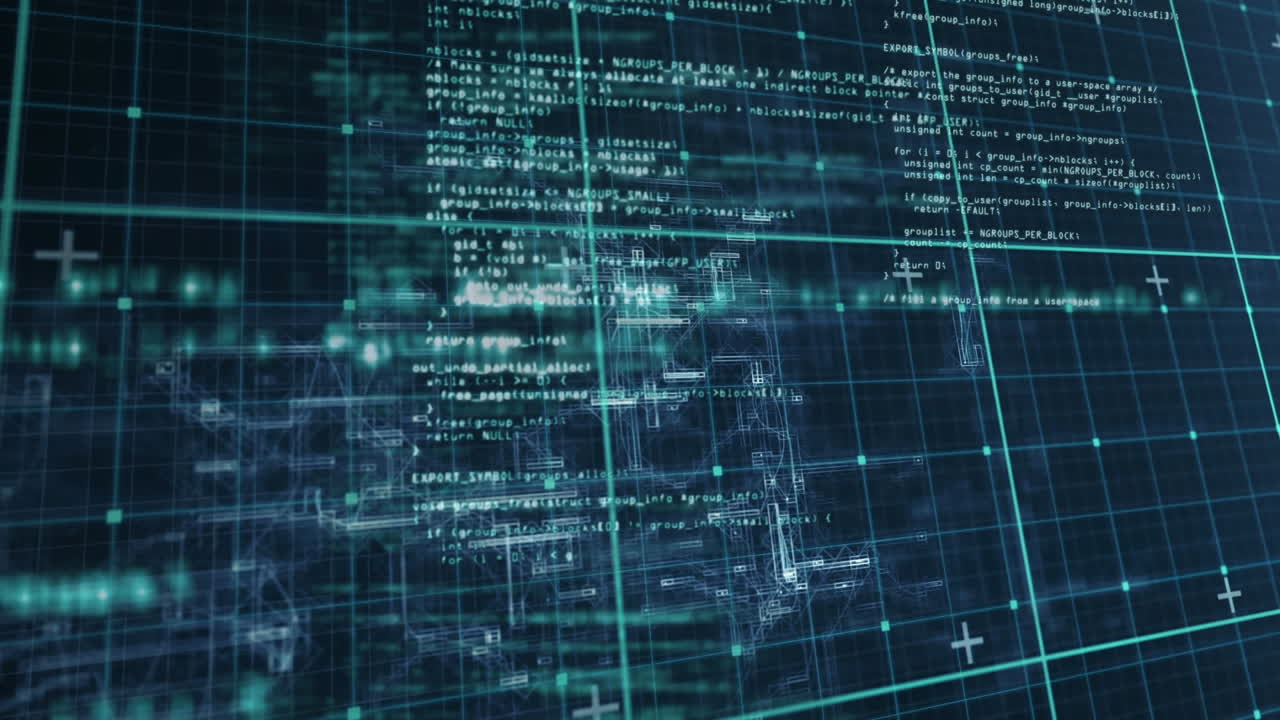 Animation of data processing over grid network against blue background