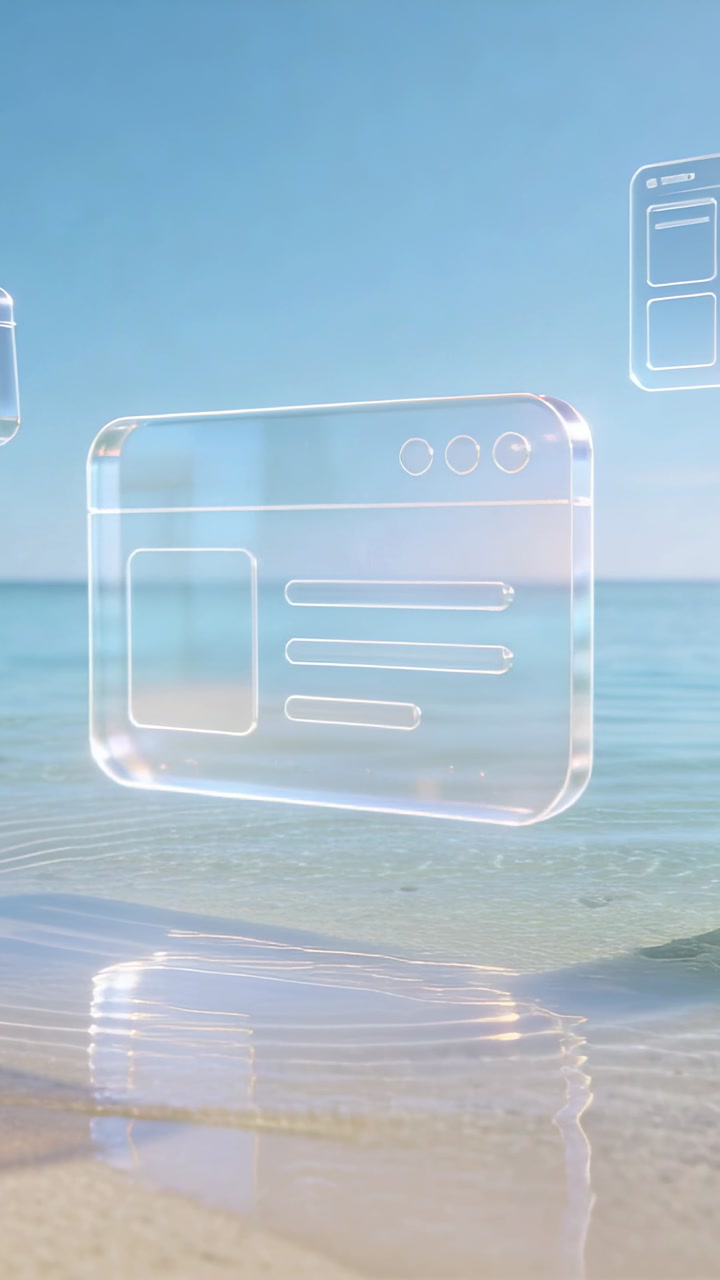 Vertical video: Drifting glass UI panel over wet sand on frame one, showing icons and ripples