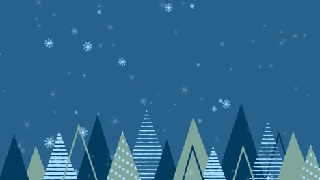 Animation-of-snow-falling-over-christmas-trees-on-blue-background