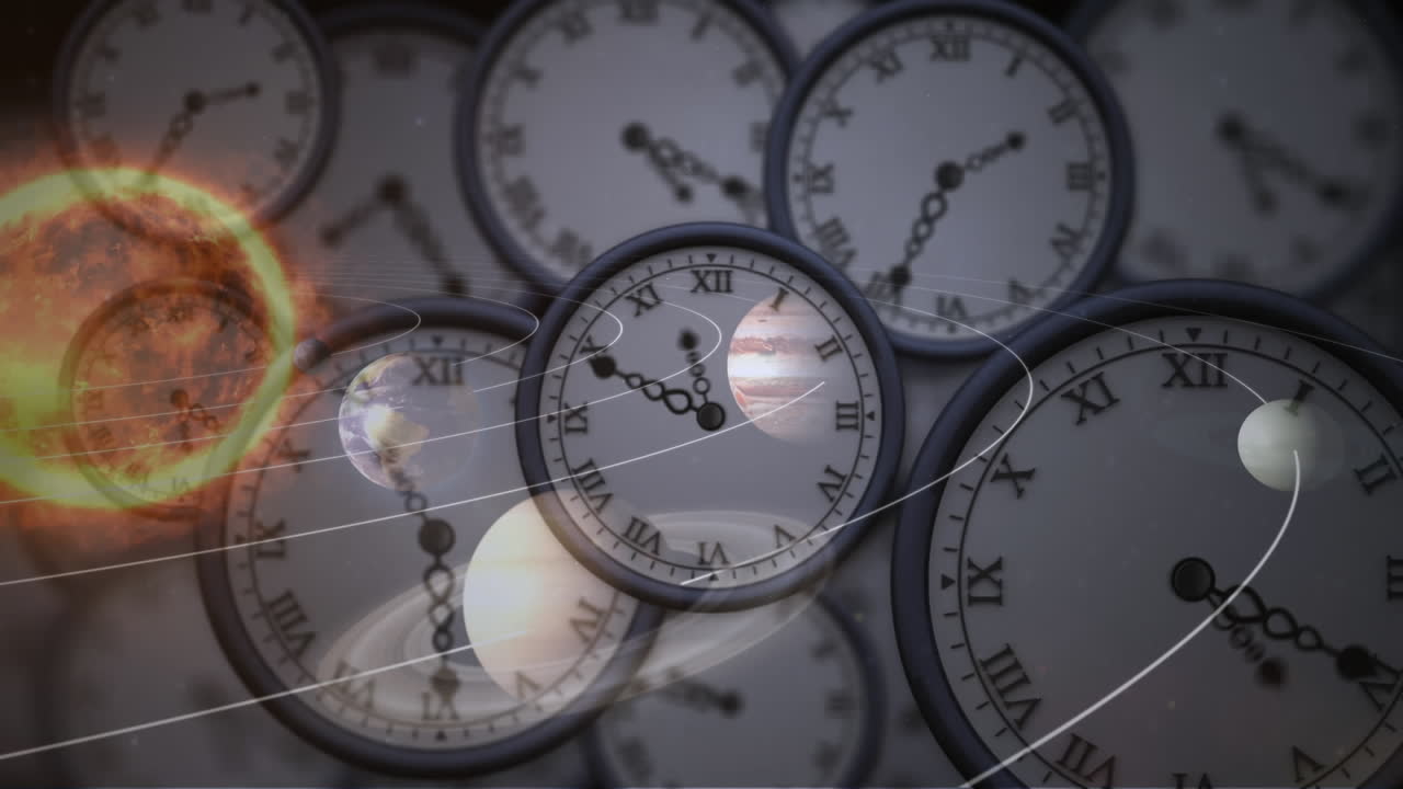 анимация солнечных систем, планет и космоса над тикающими часами