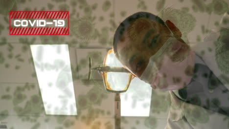 células de coronavirus y advertencia sobre el médico con máscara.