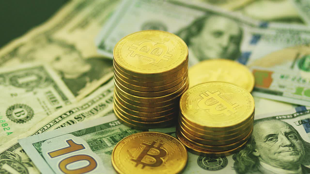 Bright stack of shiny bitcoins