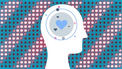 digital animation of heart icons over human face icon against rows of dots on colorful background