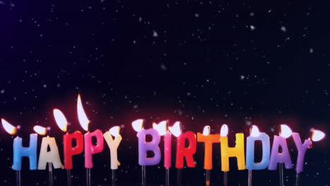 animación de copos de nieve cayendo sobre el amante velas encendidas deletreando feliz cumpleaños, soplado, en negro