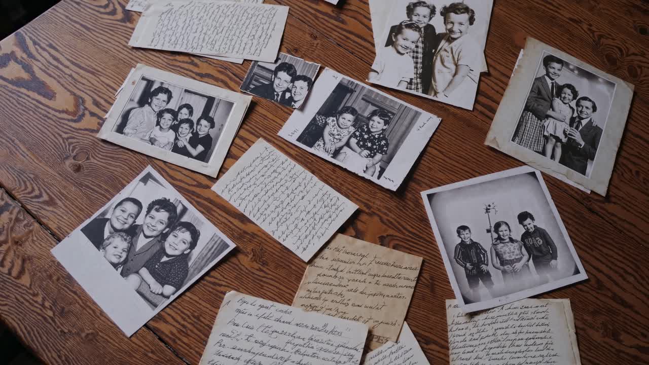 Overhead shot of vintage black-and-white family photos and handwritten letters on a wooden table