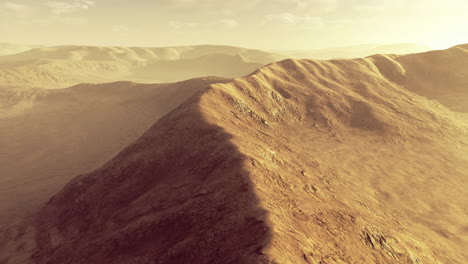 Vast desert landscape under soft sunlight with gentle hills in the distance
