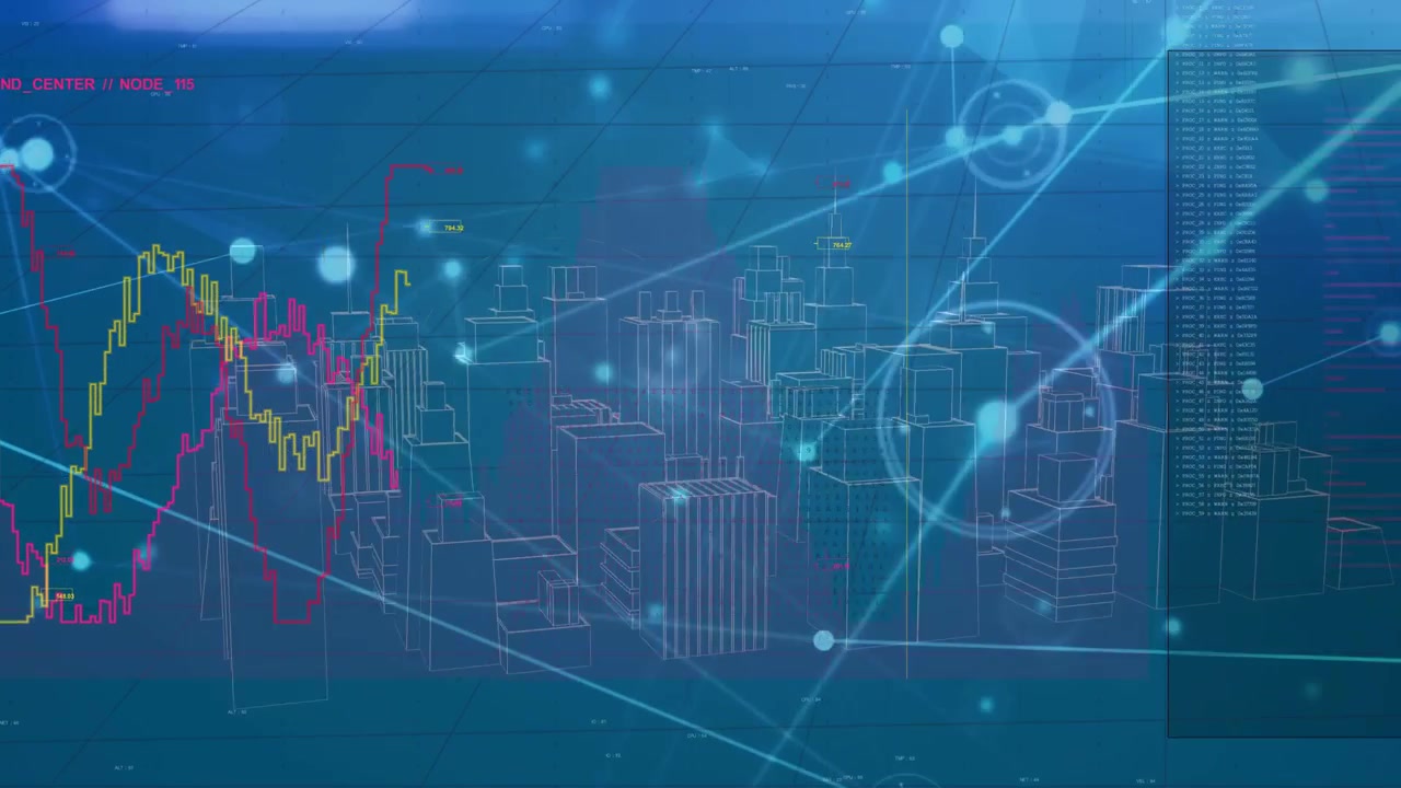 Wireframe 3D city model anchoring, data feed starting magenta yellow graphs pulsing for analysis