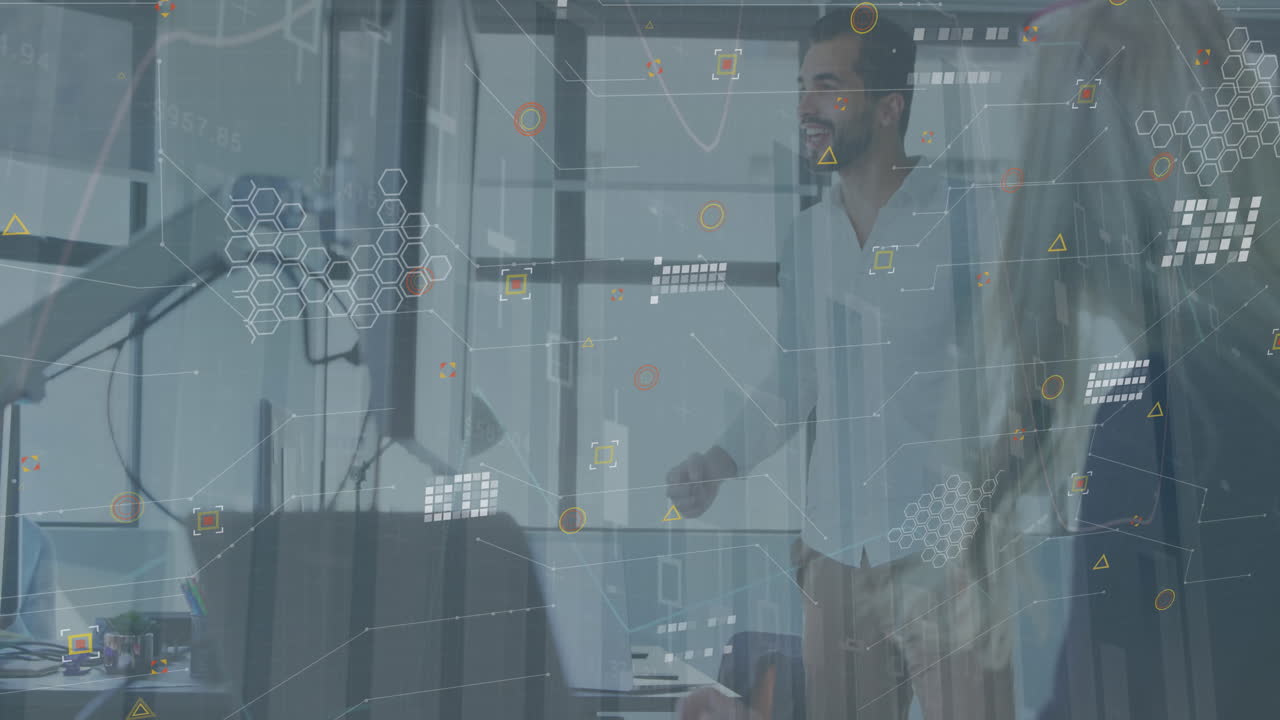 Animation of statistical data processing over biracial man high fiving his colleague at office
