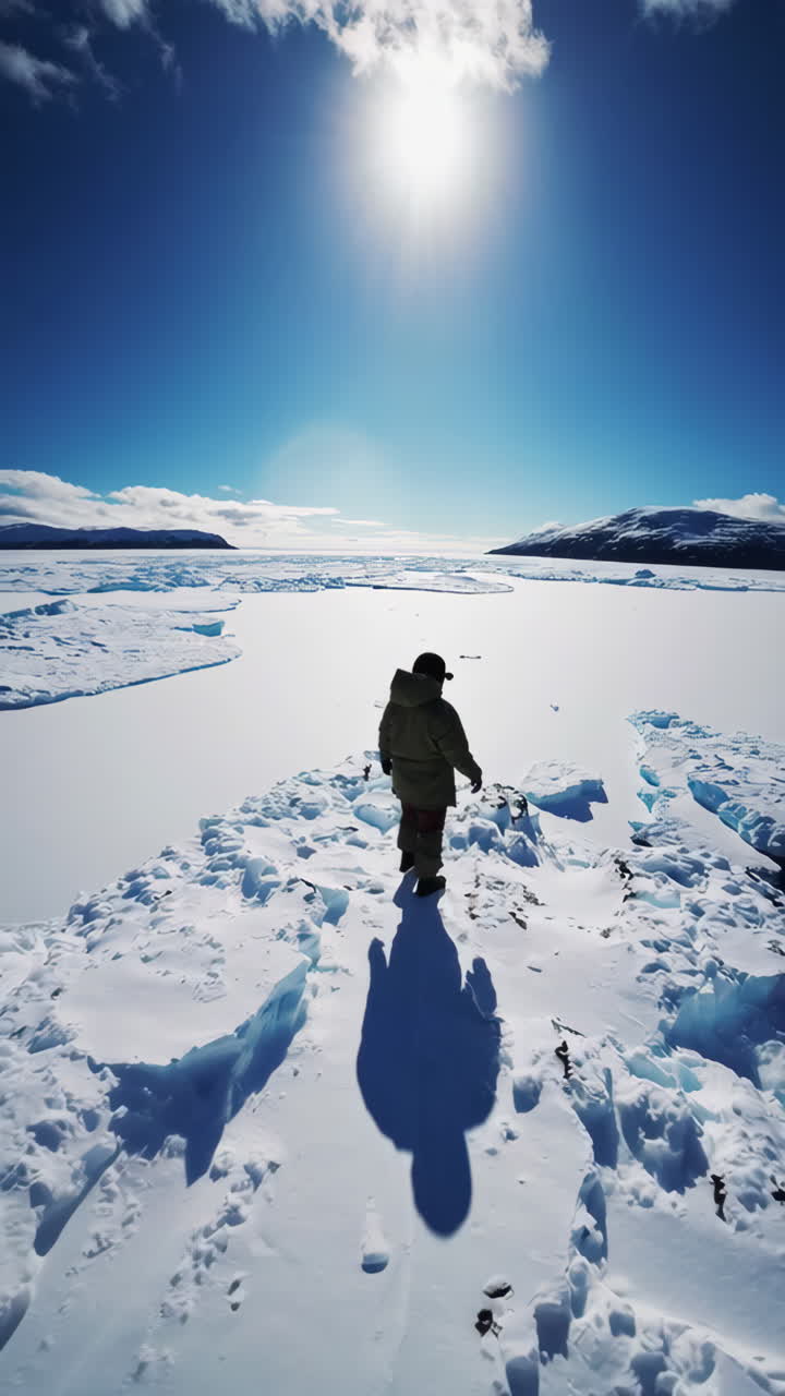 An explorer in a vast Arctic landscape, observing with binoculars under a bright sun