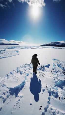 an explorer in a vast arctic landscape, observing with binoculars under a bright sun