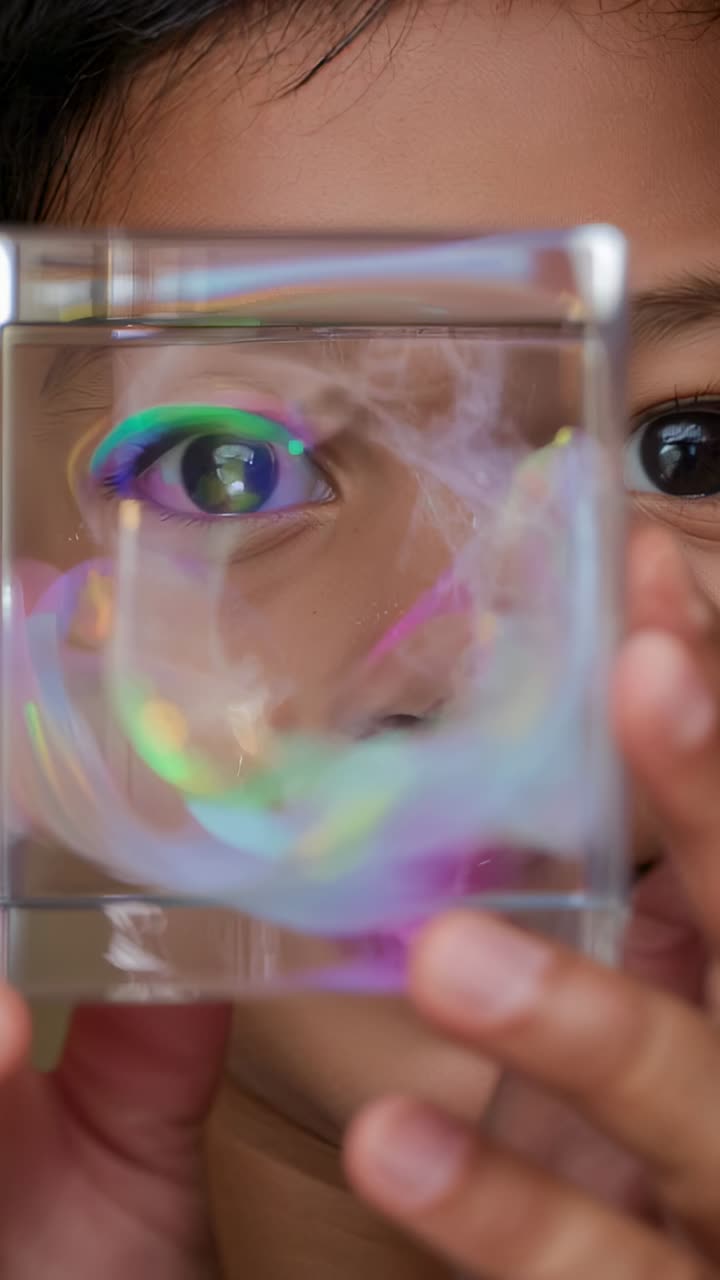 Vertical video: Bringing clear cube close, child peering and inspecting swirling vapor ring in room