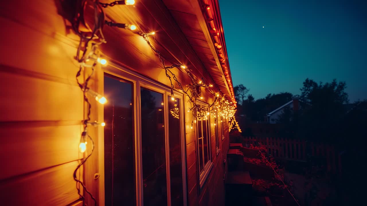 String bulbs glowing under eaves in backyard at dusk, with camera gliding along siding and windows