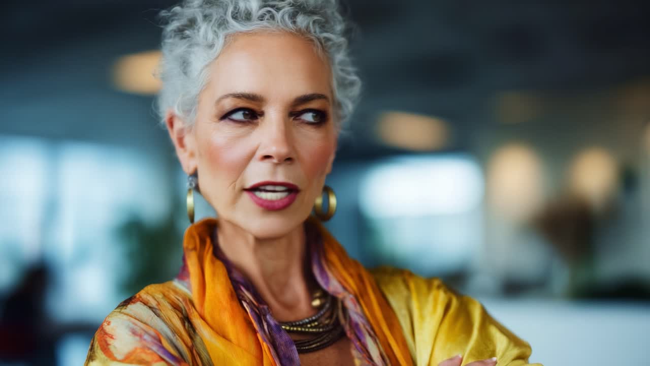 Donna sicura di sé con capelli grigi ricci, che indossa una sciarpa e gioielli vivaci, esprime forza ed eleganza in un ambiente moderno ricco di luci soffuse