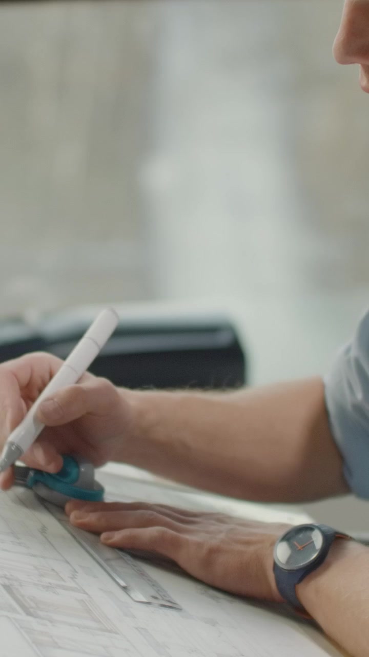 Architect Working on Technical Blueprint in Office