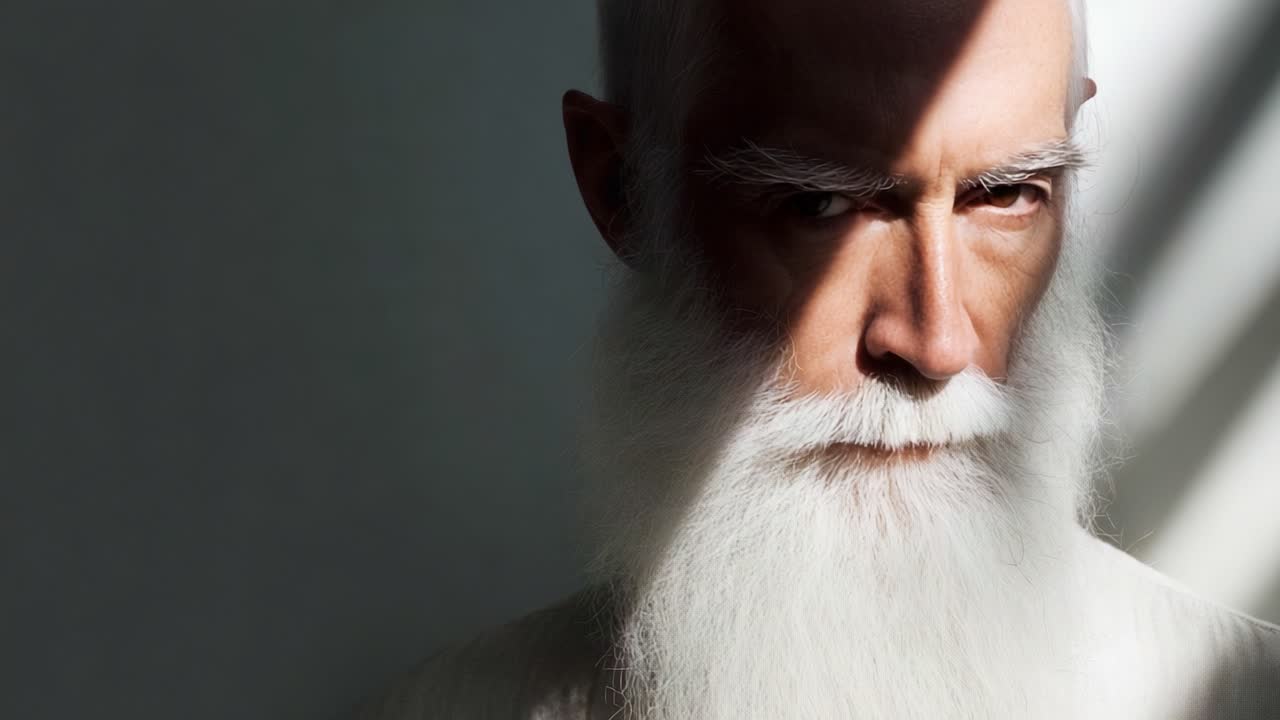 A Profound Transformation: Capturing the Journey from Serenity to Intensity in a Mystic Portrait Series Featuring a Mature Man with a Striking White Beard and Deep Reflection