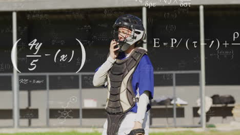 wearing protective gear, baseball player with animation of mathematical equations