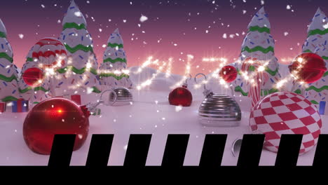 el video comienza con una escena de un paisaje nevado con árboles de navidad y bolas de navidad