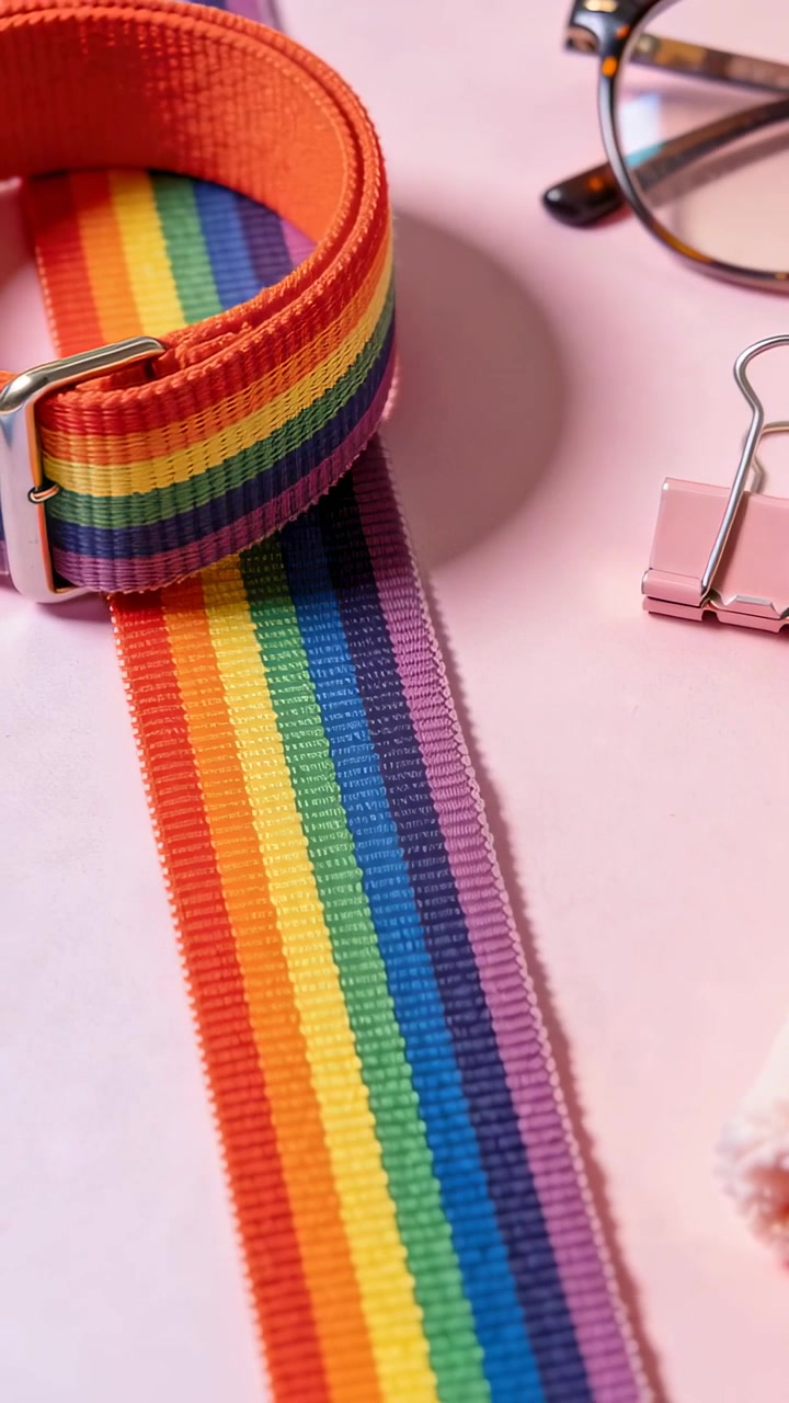 Vertical video: Shifting camera revealing rainbow belt with buckle on pink tabletop, for product ad