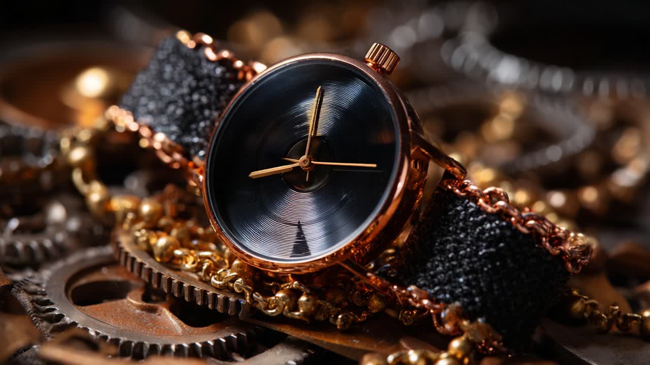 An Elegant Timepiece Amidst Intricate Gears and Golden Chains: A Close-Up of a Luxurious Watch Showcasing Fine Craftsmanship and Unique Design Elements