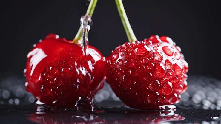 Fresh Red Cherries with Sparkling Water Droplets on Black Background