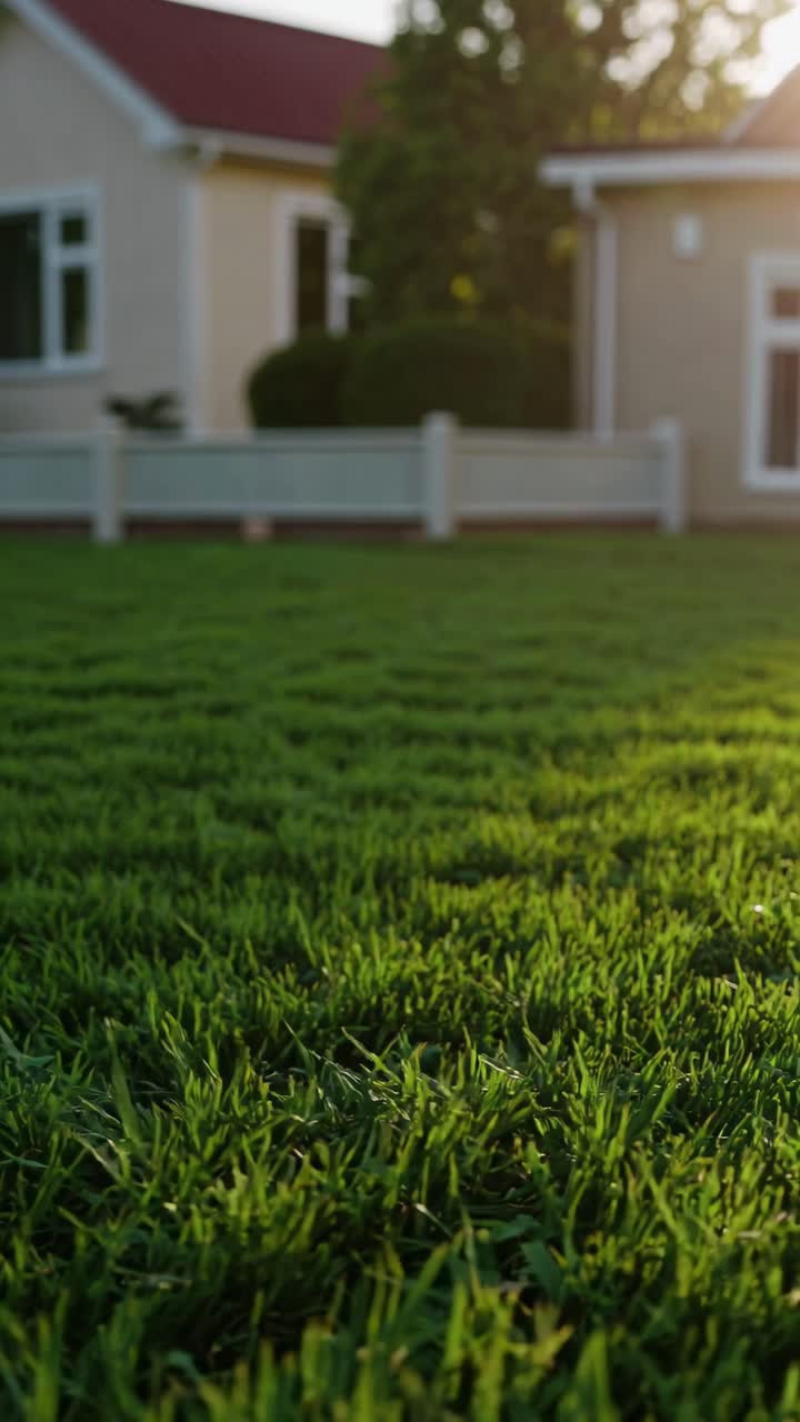 Low-angle video frame of a sunlit lawn with a cozy house in the background, capturing a serene