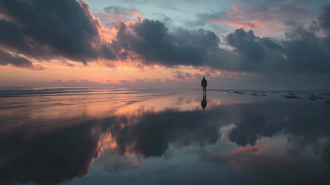 Walker enjoys a quiet moment on a reflective beach at sunset