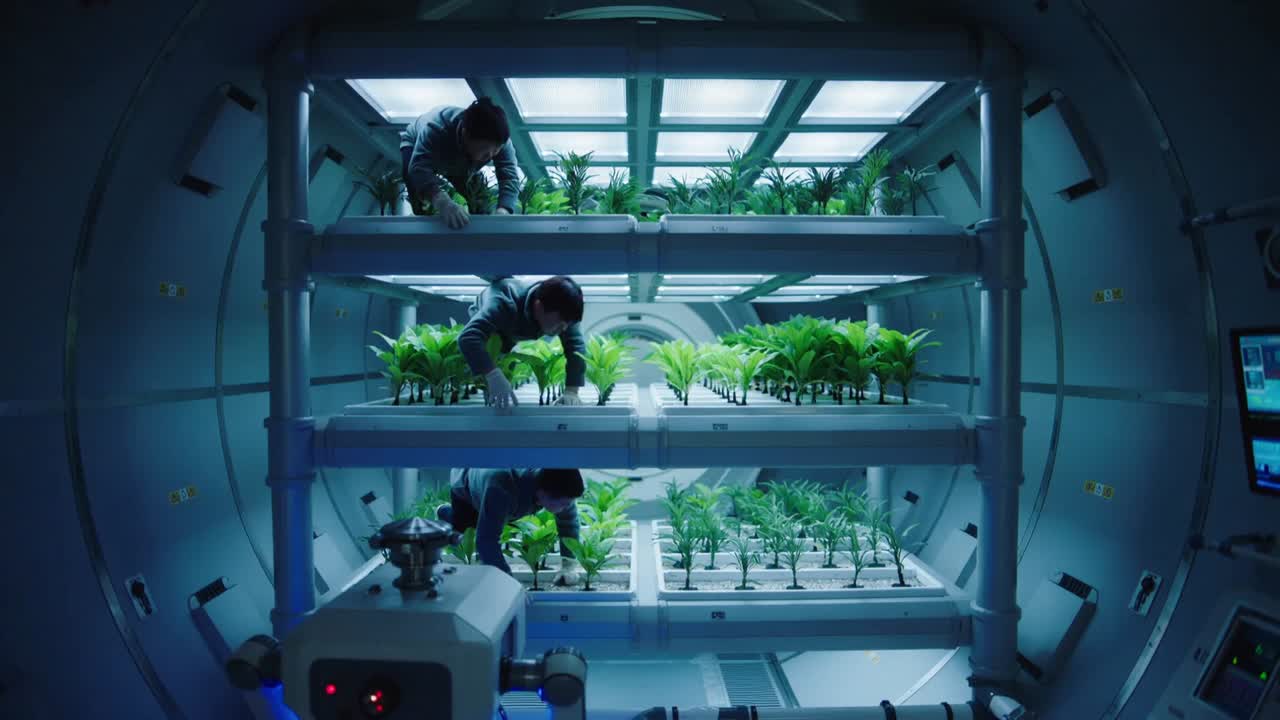 Inspecting 3 crew in grey suits sorting grow racks in ship module, robot entering sparking repair