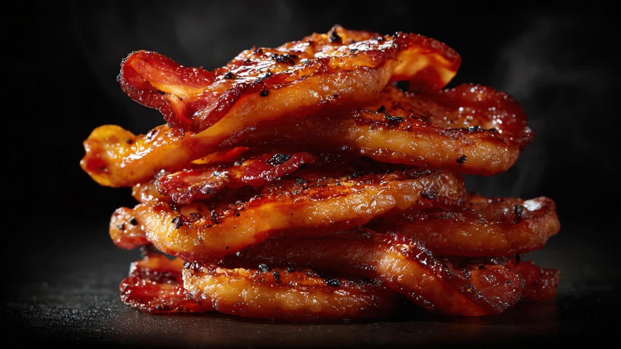 A Mouthwatering Delight: Juicy, Glazed Bacon Stacks with Perfectly Crisp Edges Surrounded by a Wispy Mist of Smoke and Rich Aroma for Ultimate Flavor Satisfaction