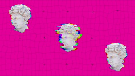 Animation-of-interference-over-head-sculpture-on-pink-background