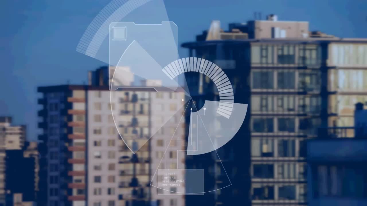 Animazione di radar e dati su un distretto finanziario cittadino
