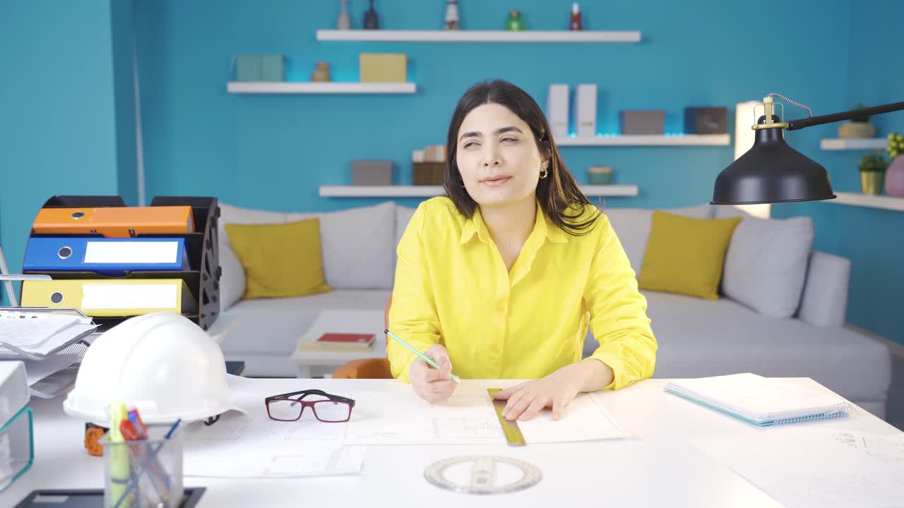 una joven arquitecta dibujando un proyecto.